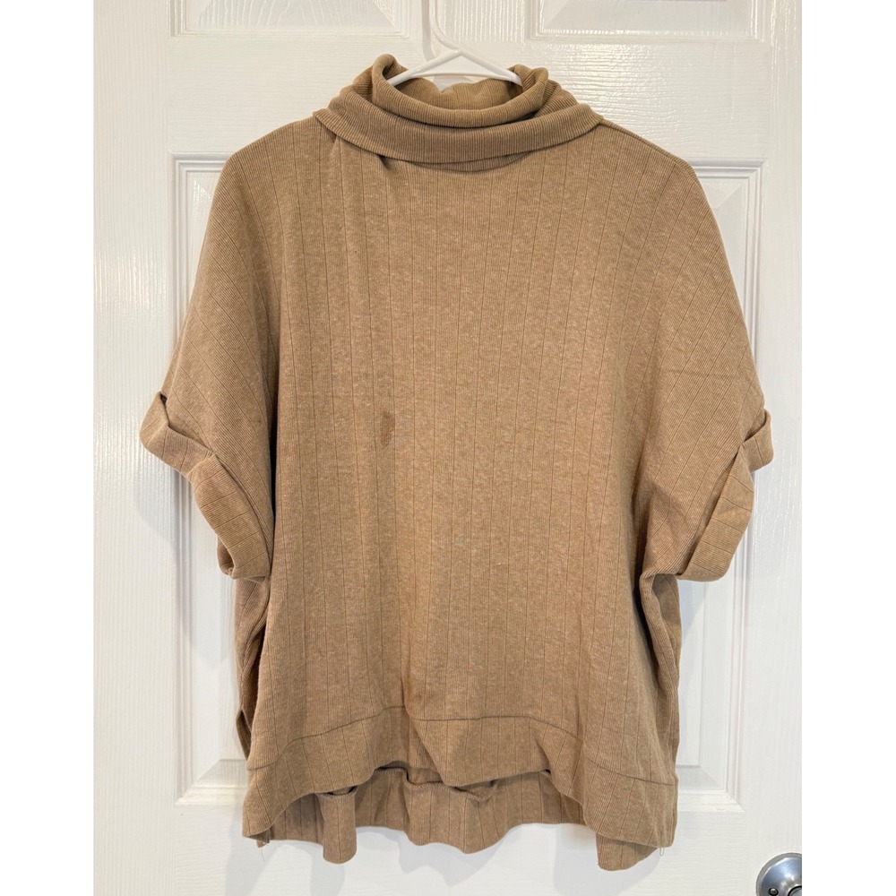 Zara Basic Tan Ribbed Knit Cowl Neck Short Sleeve Poncho Top